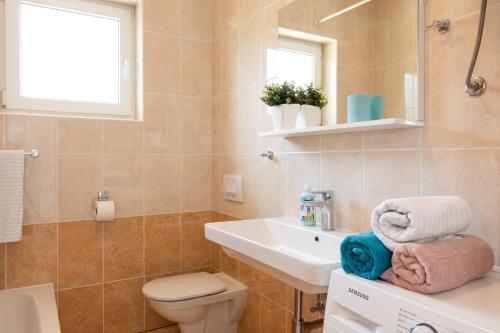 ein Badezimmer mit einem Waschbecken, einem WC und einem Spiegel in der Unterkunft Apartman Jelena in Vrbnik