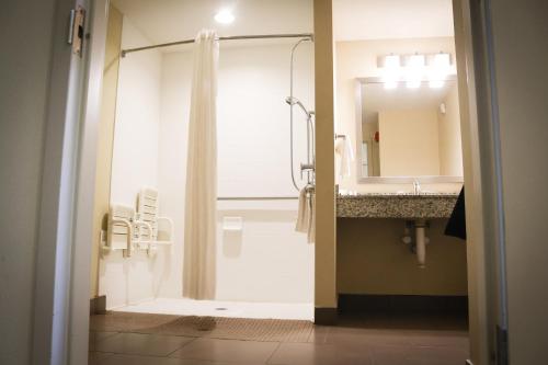 a bathroom with a shower and a sink at Comfort Suites Bossier City - Shreveport East in Bossier City