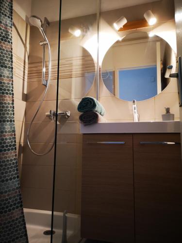 une salle de bain avec une douche, un lavabo et un miroir dans l'établissement Appartement Les Pieds Dans l'eau avec climatisation !, à La Seyne-sur-Mer