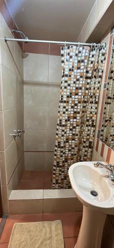 a bathroom with a shower and a sink at Catari's House in Machu Picchu