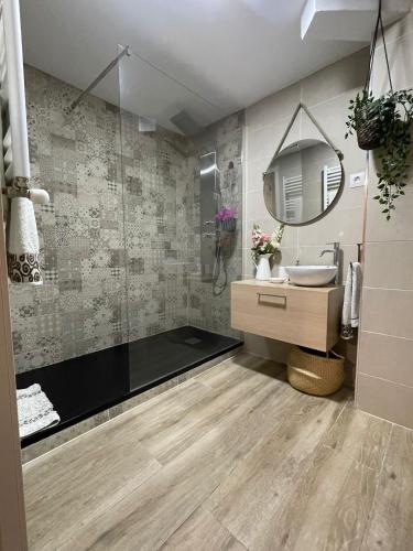 a bathroom with a shower and a sink and a mirror at Un Rincón Tranquilo. in Manzanares el Real