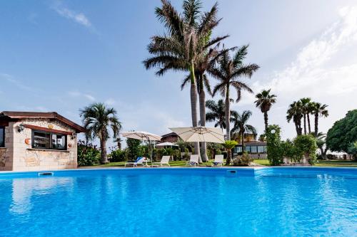 une piscine bordée de palmiers et une maison dans l'établissement Valleforno Country House di Charme, à Ispica