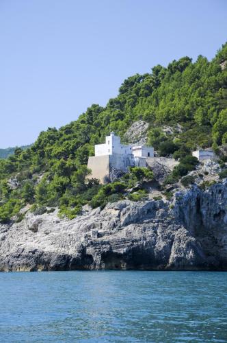 a house on a hill next to the water at Pensione San Michele in Mattinata