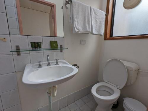 a bathroom with a sink and a toilet and a mirror at Studio 28 Wright Lodge in Adelaide