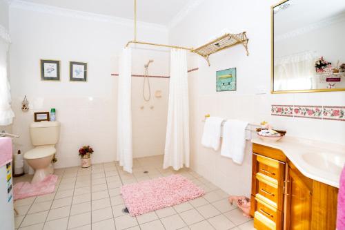 een witte badkamer met een wastafel en een toilet bij Milford Country Cottages in Milford