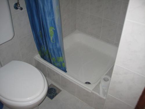 a bathroom with a toilet and a shower curtain at Apartments with a parking space Sutivan, Brac - 21426 in Sutivan