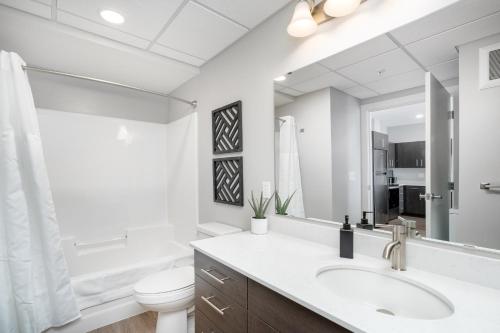 ein Badezimmer mit einem Waschbecken, einem WC und einem Spiegel in der Unterkunft Lincoln Park Boutique Hotel in Duluth