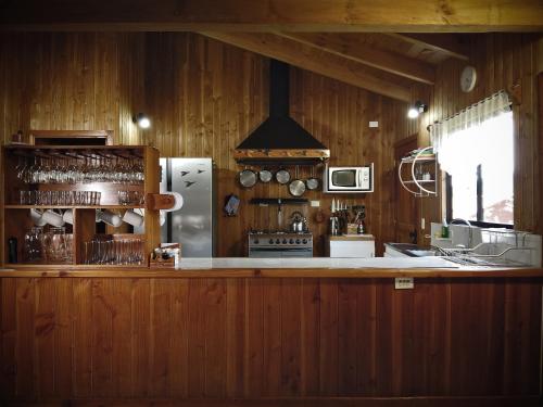 a kitchen with wooden walls and a counter with a refrigerator at Casa Vacacional Panguipulli in Panguipulli