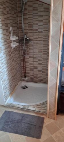 een douche met een witte vloer en een wastafel en een douche bij PAPILLON 2 in Rivière-Pilote