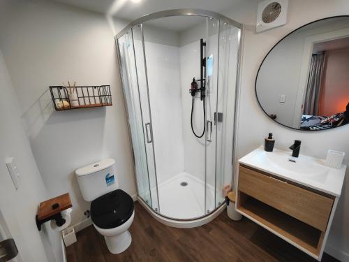 a bathroom with a shower and a toilet and a sink at Vitamin Sea Beach House in Riverton