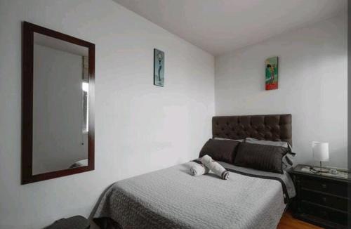 a bedroom with a large bed and a mirror at Alojamiento "Cómo en CASA" cerca al Aeropuerto!! in Bogotá