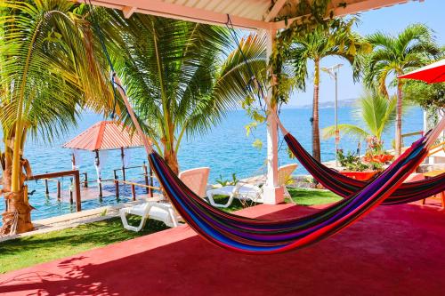a hammock on a beach with palm trees and the ocean at Playa Jocabed in La Providencia