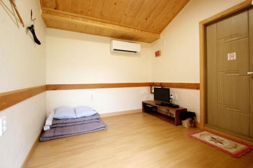a room with a bed and a door and a television at Moran Guesthouse in Jeonju