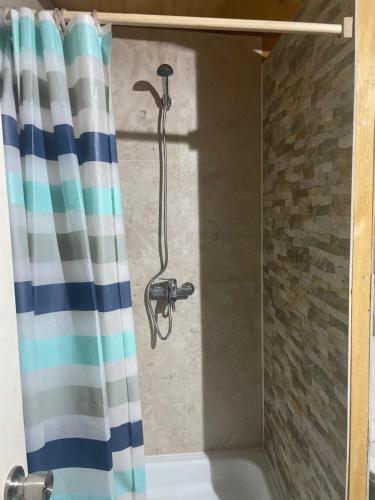 eine Dusche im Bad mit Duschvorhang in der Unterkunft Cabaña cerca del Aeropuerto in Puerto Montt