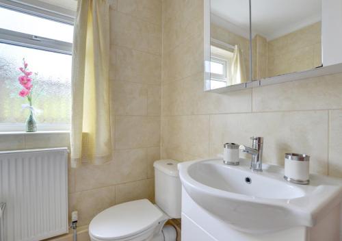 LlandysulにあるAwel y Grugのバスルーム(洗面台、トイレ付)、窓が備わります。