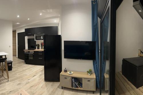 a living room with a flat screen tv on a wall at La Case Baies Roses - Maison F2 in Saint-Denis