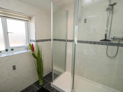 een badkamer met een douche en een glazen deur bij The Coach House At The Gables in Shrewsbury
