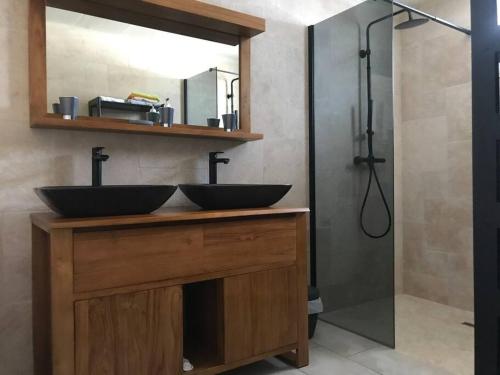 a bathroom with a sink and a shower at Charmante villa située dans l’Est de l’île. in Village Sainte Anne