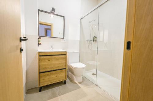 uma casa de banho com um WC e uma cabina de duche em vidro. em Moott Homes Suites Casa de los Leones APTO 1 em Almeria