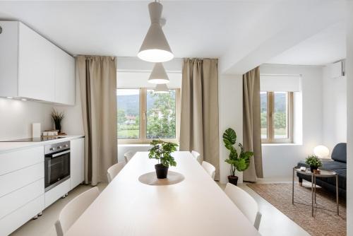 a white kitchen and living room with a white table and chairs at Modern holiday home with terrace close to Nova Gorica in Miren