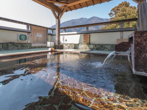 a swimming pool with a waterfall in a house at Minoya in Yahiko