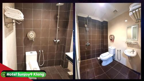 two pictures of a bathroom with a shower and a toilet at Hotel Sunjoy9 Klang in Klang