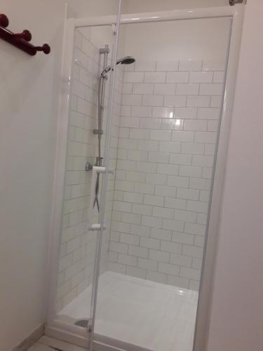 une douche avec une porte vitrée dans une salle de bain dans l'établissement VILLA DU GOLFE - Studio Saint Jean, à La Ciotat