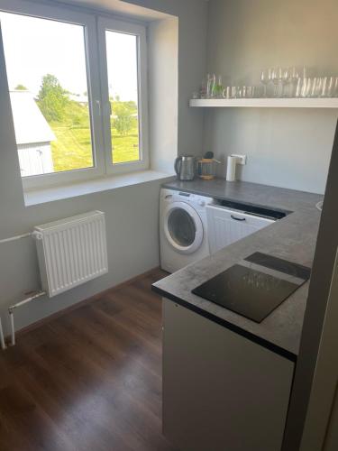 a kitchen with a washing machine and a window at Soelaane 12 Apartment2 in MikitamÃ¤e
