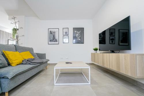 a living room with a gray couch and a tv at Moott Homes Suites Casa de los Leones APTO 2 in Almería