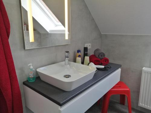 a bathroom with a white sink and a red stool at Premiumferienhäuser Agena - Ankaa in Hasselfelde
