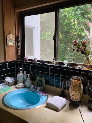 a bathroom with a blue sink and a window at ＯＫＵＮＯ ＩＥ in Oshima