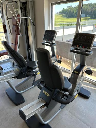 a gym with three exercise bikes and a window at Poolhaus Bodensee ideal für Geschäftsreisende in Wasserburg am Bodensee