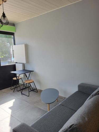 a living room with a couch and a table at Studio proche gare TGV Haute Picardie in Dompierre-Becquincourt