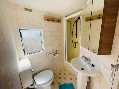 a small bathroom with a toilet and a sink at Holiday Caravan Holle Poarte Makkum in Makkum