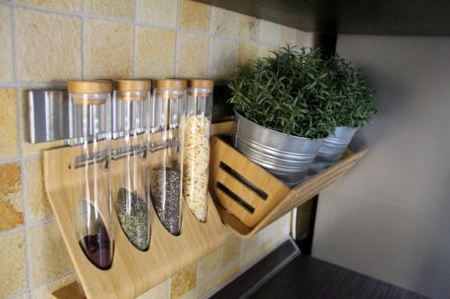 a wooden rack with utensils and plants on a wall at Reload Apartment in Miskolc