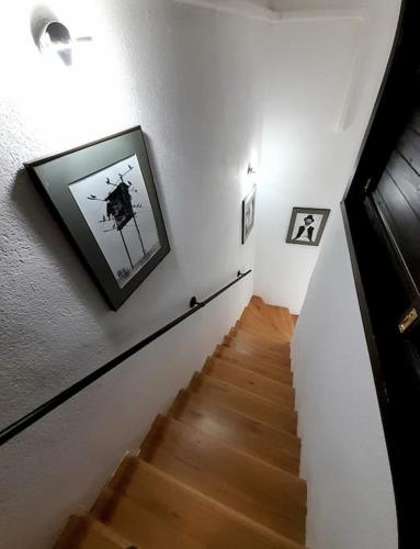 a hallway with a staircase with a picture on the wall at Reload Apartment in Miskolc