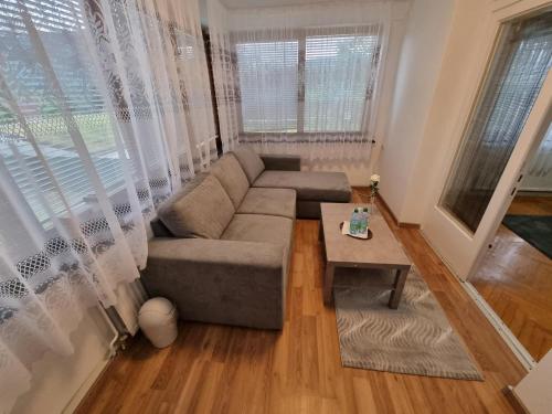 a living room with a couch and a table at Pension DonauBlick Grein 1 , Spitzfeldstr 1 in Grein