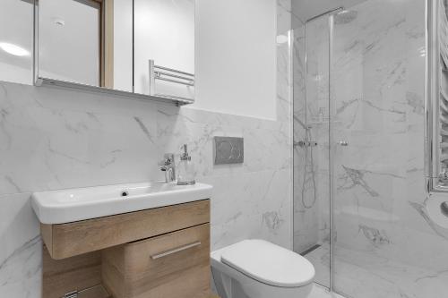 a bathroom with a shower and a toilet and a sink at Klettar - The Old Hatchery Iceland in Fludir