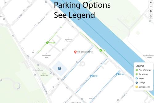 a map of the parking options see legend at S&N Lux Suite-Free Parking-King Bed-Kitchen-WiFi in Honolulu