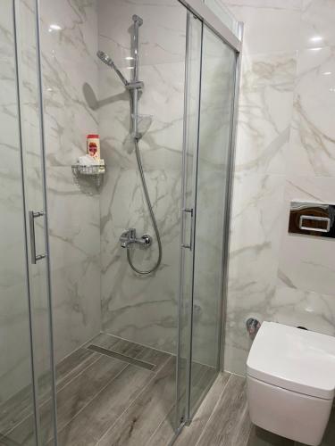 a bathroom with a shower with a toilet at MERYEM HANIM BUTİK OTEL in Fatsa