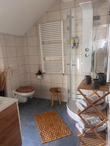 uma casa de banho com um chuveiro e um WC. em Grahl´s Ferienwohnung em Markranstädt