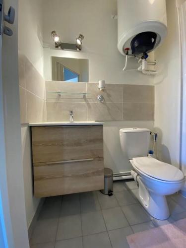 une salle de bain avec toilettes, lavabo et miroir dans l'établissement Ravissant T3 en duplex proche mer, à La Londe-les-Maures