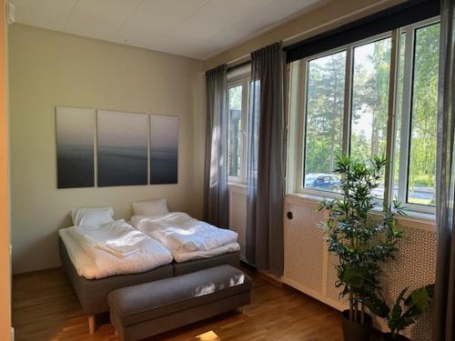 a bedroom with a bed and a couch and windows at Söderåsen Resort in Ljungbyhed