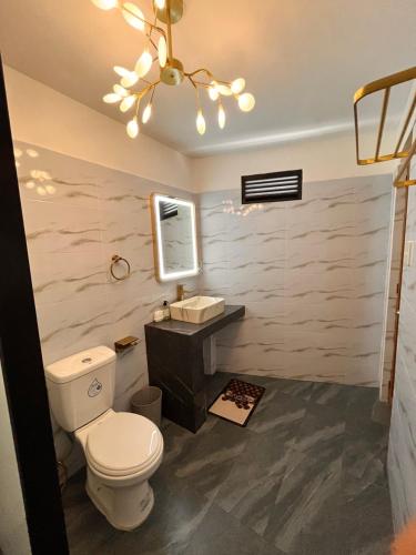 ein Badezimmer mit einem WC, einem Waschbecken und einem Spiegel in der Unterkunft 8 Flags Private House and Hot Spring Pool in Los Baños