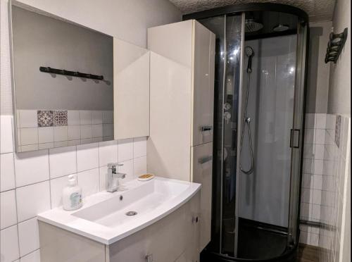 a white bathroom with a sink and a shower at La Métairie de la Pétillerie in Roullet-Saint-Estèphe