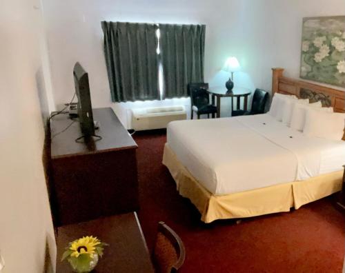 um quarto de hotel com uma cama e uma secretária com uma televisão em FairBridge Inn & Suites Williston em Williston