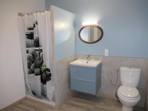 サン・サヴァンにあるLe gîte des fresquesのバスルーム(トイレ、洗面台、鏡付)