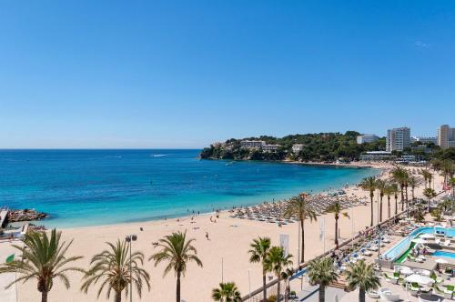 a view of a beach with palm trees and the ocean at Sol Wave House All Suites in Magaluf