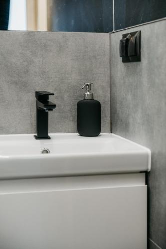 a soap dispenser sitting on top of a bathroom sink at Apartamenty Górajski Spa in Kościelisko