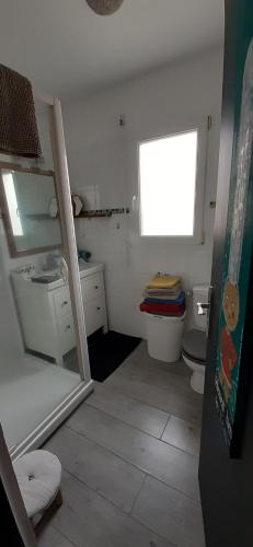 łazienka z toaletą, umywalką i oknem w obiekcie Maison moderne mitoyenne exposée plein sud avec terrasse w mieście Trégastel